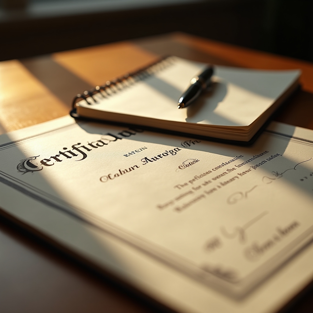 Documento de certificado de asistencia sobre un escritorio de madera junto a un cuaderno de notas